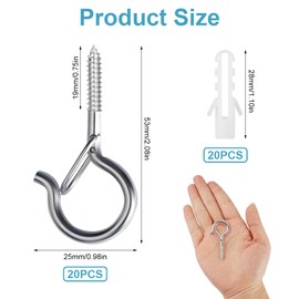 Jinsion Pack of 20 Stainless Steel Screw Hooks, Screw Hooks with Fuse, Silver Hook Screws, Stainless Steel Hooks for Screwing Hook Screws with Fuse, for Plant Baskets, Wind Chimes, Fairy Lights