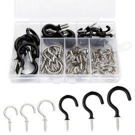 Tahbarshi Pack of 78 Screw Hooks Black Gold 6 Sizes Ceiling Hooks Set Hooks for Screwing White Silver Vinyl Coated Cup Hook Set Hook Screws (Black)