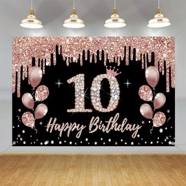 10th Birthday Decorations for Girls, Party Decoration Black and Rose Gold Fabric Sign Hanging Poster, 10th Birthday Backdrop Banner Party Welcome Sign