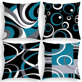 D DIFARIC Blue and Black Throw Pillow Covers 18x18 Inches Set of 4 Decor Decorative Throw Pillow Cover Abstract Modern Geometric Teal Square Cushion Cases for Sofa Bed Couch