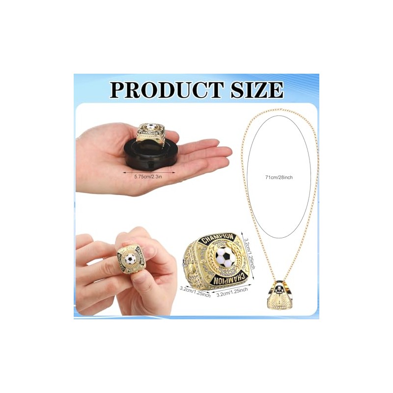12 Pcs Soccer Championship Rings with Display Chain and Stand