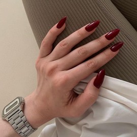 YOSOMMK Burgundy Short Press on Nails Almond Shaped Acrylic Nails Press ons Full Glossy Artificial Fake Nail with Glue Stick on False Nail for Women in 12 Sizes - 24 Pcs