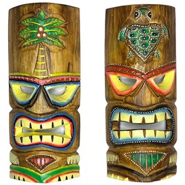 Set of 2 – Colorful Tiki Mask – Unique Hand Carved Wall Hanging or Freestanding Sculpture – Tropical Hawaiian Sea Turtle and Polynesian Coconut Tree Accents – Tribal Party Beach Luau Bar Decor