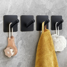 xdgeLoad Bath Towel Hooks 4 Pack, Heavy Duty Wall Hooks for Bathrooms/Coat/Robe/Kitchen, Non-Punching self-Adhesive Hooks, Matte Stainless Steel Black
