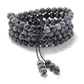 Self-Discovery Mala Stretchy Mala Wrist Wrap Bracelet with 108 Healing Labradorite Mala Prayer Beads (Grey with Blue and Black Flecks)