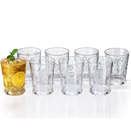 MIYOPESI Coastal Acrylic Glasses (Set of 8), 14oz Summer Beach Theme Cups, Sea Ocean Life Drinkware, Unbreakable, BPA-Free, Stackable