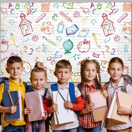 10x8ft Back to School Backdrop, Children's Hand Drawn Colorful Graffiti and White Brick Wall Backdrop, First Day of School Decorations Background for Kids Classroom Party Decoration Supplies
