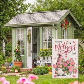 Happy Mother's Day Garden Flags for Outside 12x18 Inch Double Sided,Gnome with Carnation Flowers Small Yard Flags,Gift for Mom Grandmom Spring Decoration for Farmhouse Patio Outdoor