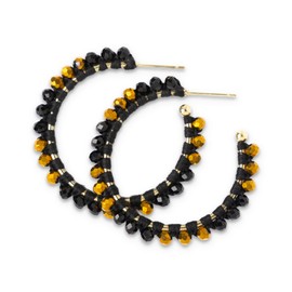 INK + ALLOY Game Day Crystal Threaded Bead Hoop Earrings – Handcrafted Statement Hoops for Sports Moms & Fans – Lightweight, Sparkling Style – Perfect for Gameday (Black + Gold)