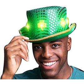 blinkee LED Green Clover Ultimate Sequin Plush Irish Top Hat with Shamrocks for St. Patricks Day