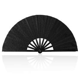 Large Folding Hand Fan, Clacking Rave Fan for Line Dancing Performance Party Outdoor & Decoration (Black Glitter)