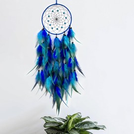 Dream Catcher, Night Moon Dream Catcher Hanging Decoration, Blue and Brown Feather Craft Gifts, Wall Hanging Decoration Suitable for Children's Bedroom, Living Room and Girl's Dormitory