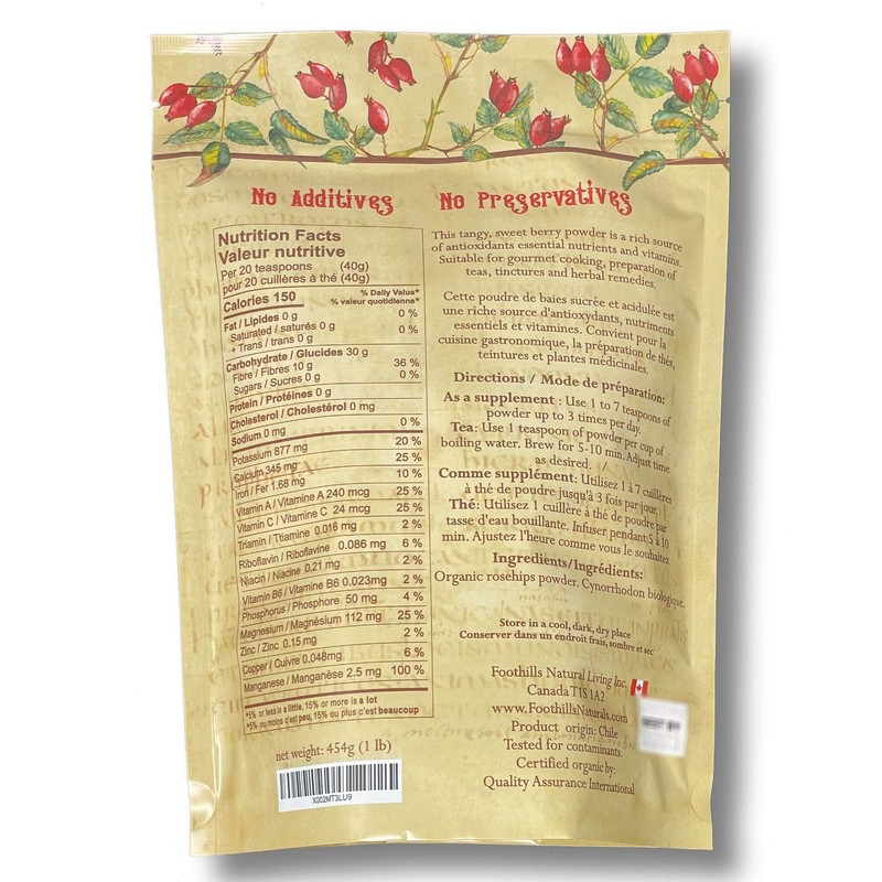 Foothills Naturals Rosehips Powder Organic - 1Lb (454g) 400+ Servings,