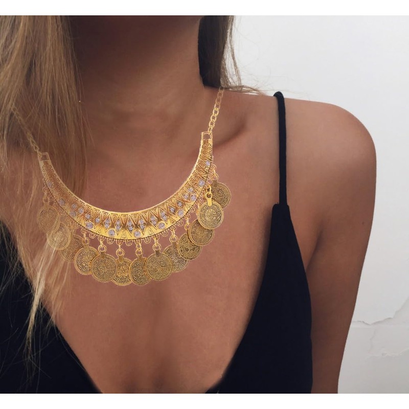 TAKAWORD Chunky Chain Coin Bib Tassel Necklace Earrings Set Gypsy