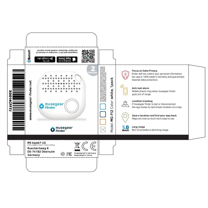 musegear Schlüsselfinder mit Bluetooth App I Keyfinder laut für Handy