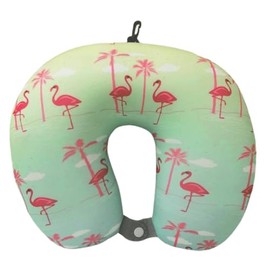 Suitcase Company Neck Pillow, U-Shaped, Carabiner Included, Palm Trees, Plants, Flamingos, Birds Pattern, U-Shaped, Neck Pillow, Mobile Pillow, Bead Pillow, Microbead Travel Pillow, For Travel, Bus,