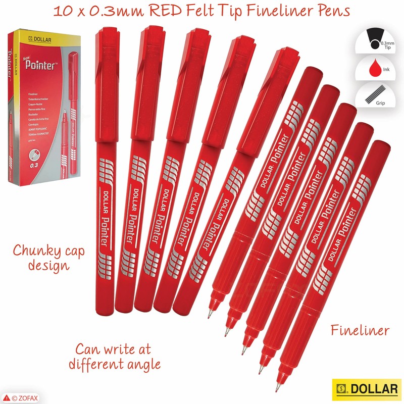 Z3FT Fineliner Pens, RED, Fine Tip (0.3mm), Pack of 10,