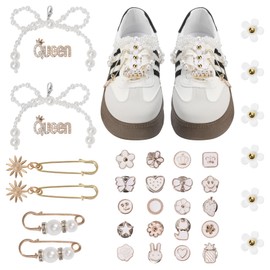 Bellaqueo 34Pcs White Flower Shoe Charms for Sneakers Girls, Pearl Bows Shoelace Clips, Junk Socks Charms for Women, Jewelry Making Kits