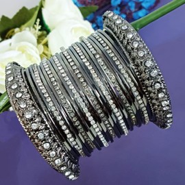 Efulgenz Indian Oxidized Bangles Navratri Jewelry Rhinestone Oxide Boho Vintage Antique Gypsy Oxidized Crystal Bracelets Set for Women