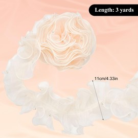 letsinstyle 3 Yards 4.33 Inches Wide Organza Lace Ruffled Fabric Trim with Pearls, Pleated Gathered Tulle Ribbon, Vintage Beaded Trims for Wedding Dress Applique Sewing and DIY Crafts