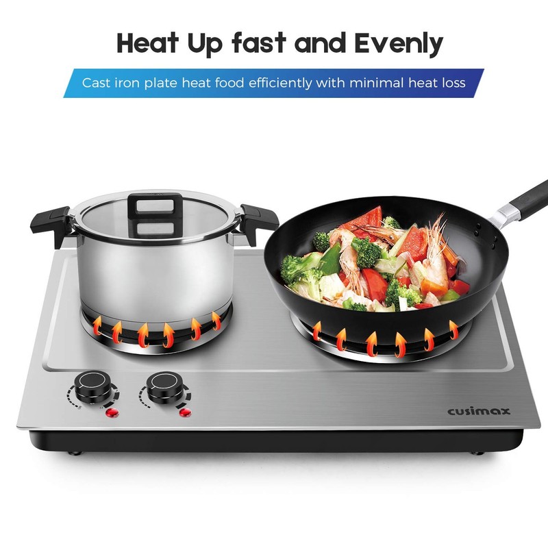 CUSIMAX 1800W Double Hot Plate, Stainless Steel Silver Countertop Burner