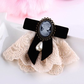 80Hou Women Cameo Pearl Brooch Pin Vintage Lace Bow Jewelry Breastpin For Wedding-black