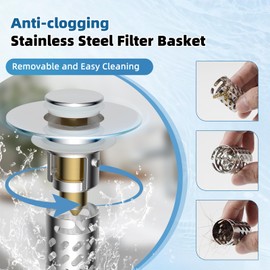 iFealClear 4 Pack All Metal Bathroom Sink Stopper, Pop Up Sink Drain Strainer with Removable Stainless Steel Filter Basket, Universal for 1.1"-2.36" Sink, Brass Bounce Core, Hair Catcher, Chrome