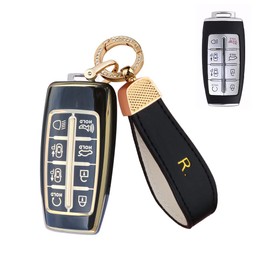 SANRILY Golden-Edge 8 Button Key Fob Cover for Genesis GV80 2021 2022 G80, GV70 Keyless Full Protection Key Fob Case with Leather Keychain Black