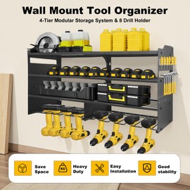 oviitech Power Tool Organizer Wall Mount, 8 Drill Holder Wall Mount Loads 400lbs, 4 Layer Heavy Duty Metal Power Tool Storage, Black, Utility Rack for Garage Workshop, Gifts for Men