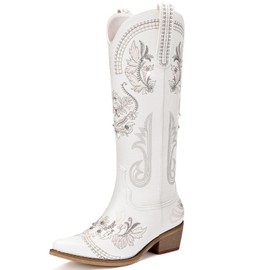 Dixhills White Cowboy Boots for Women - Wide Calf Sparkly Cowgirl Boots, Women's Knee High Western Rhinestone Boots, Glitter Sparkle Ladies Country Boots with Classic Embroidery, Pointed Toe Pull On