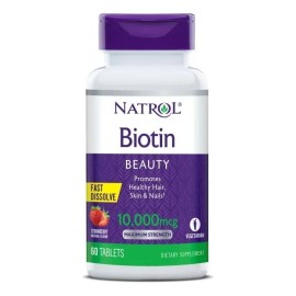 Natrol Biotina 10000 Mcg, Máxima Fuerza Sabor Fresa, 60 Tabletas, Ayuda A Mantener El Metabolismo Y Ayuda A Convertir Los Alimentos En Energía, Promueve Cabello, Piel Y Uñas Saludables
