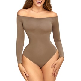 Hioffer Women Off Shoulder Long Sleeve Bodysuit Tummy Control Seamless Shapewear Sculpting Body Shaper Jumpsuit Tops