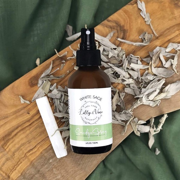 White Sage Spray w/Sun & Full Moon Charged Selenite Crystal Wand, Smokeless Smudge Spray for Cleansing Negative Energy, Made w/Sage Essential Oil, Hand-Crafted in California, Alone or w/Smudge Kit