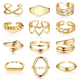 JeryWe 12Pcs 18K Gold Plated Stackable Rings for Women Adjustable Open Rings Set Bohemian Knuckle Rings for Teen Girls Fashion Chunky Statement Rings on Thumb and Knuckle in Sizes 6-9