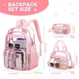 Scothen Clear Backpack for Girls, 3PCS PVC Transparent Girls School Bookbag Heavy Duty Stadium Approved, See Through Backpack Schoolbag for Kindergarten Elementary Middle School Travel