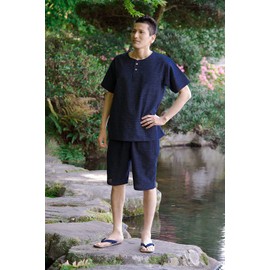 Wata no Sato Jinbei, Woven Kurume Cotton, Home Wear, Work Wear, Made in Japan - Bunjin pattern navy blue