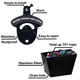 Luwanburg Black Bottle Opener Wall Mounted Beer Cap Opener Mountable Soda Bottle Top Opener with Cap Catcher Drainage (Pack of 1)