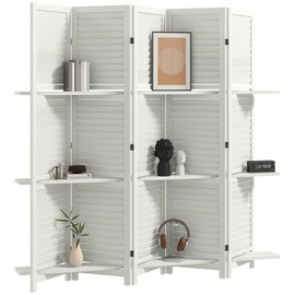 HOMCOM Room Divider, 5 Panel 67" Tall Wood Privacy Screen with 3 Display Shelves, and Folding Storage for Bedroom or Home Office, White