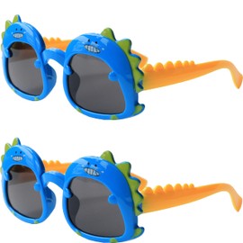 2 Pack Dinosaur Cartoon Sunglasses for Kids Aged 2-6, Blue Yellow and drak Lenses, Polarized UV Protection Secure Fit for Outdoor Adventures