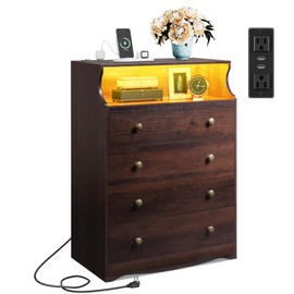 WLIVE LED Dresser for Bedroom, Tall Wood Dresser with 4 Drawers and Open Shelf, Chest of Drawers with Power Outlet for Living Room, Hallway, Closet, Rustic Brown