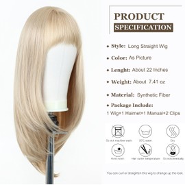 Esmee Long Straight Blonde Wigs for Women with Fringe, Natural Looking Synthetic Hair Wig for Daily Use & Party