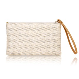 COOKOOKY Women's Straw Clutch Bag Bohemian Zipper Wristlet Summer Beach Sea Purse Wallets (Beige- White)