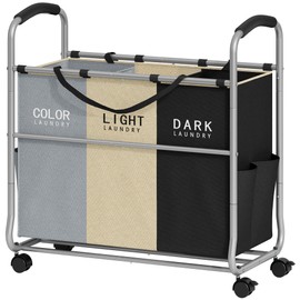 Tajsoon 3 section Laundry Hamper Sorter, Laundry Sorter Cart with Heavy Duty Lockable Wheels and Removable Bags, Laundry Separated Rolling Cart Basket for Clothes Storage, Gray+Beige+Black