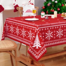 Yinhua Red Christmas Tablecloth 60×120 Inch Rectangular, Christmas Snowflake Waterproof and Washable Table Cover, Wipeable Xmas Tablecloth for Kitchen Party Dinner Outdoor Decor