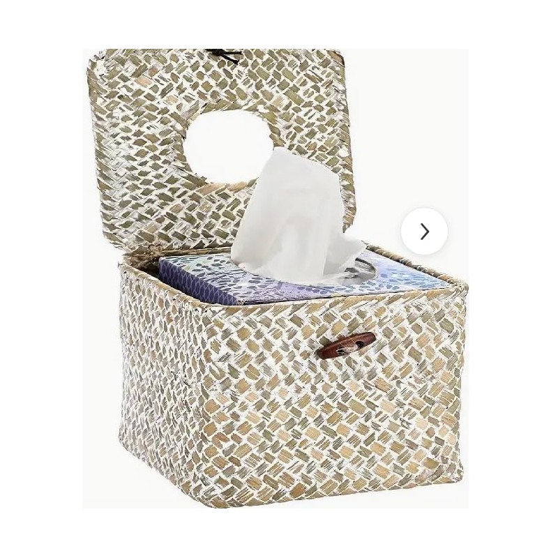 Square Rattan Tissue Box Cover (Whitewash)