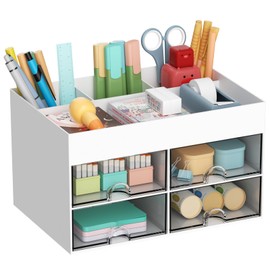 Marbrasse Desk Organiser with Drawers, Multifunctional Pen Holder Desk with 4 Compartments and 4 Drawers, Office Organiser Desk and Accessories (White)