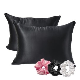 Safhome Satin Silk Pillowcase for Hair and Skin (Standard Black, 20x26 inches) with 3 Scrunchies| Silky Slip Cooling Super Soft Luxurious Pillow Covers Set of 2 Pack with Hidden Zipper Closure