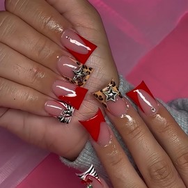 Red French Tips Press on Nails Medium Duck False Nails with Rhinestones Star Charm Design Leopard Zebra Tips Fake Nails Glossy Skin Tones Glue on Nails Cherry Stick on Nails for Women Manicure 24Pcs