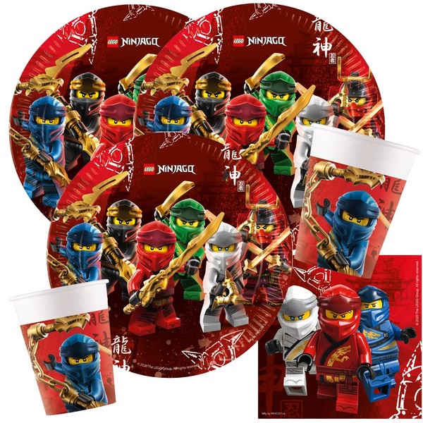 procos/spielum Kit de fête 44 pièces Ninja – Ninjago – Assiettes, gobelets, serviettes + pailles en papier pour 8 enfants