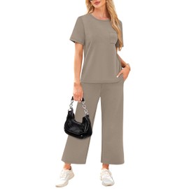 WIHOLL 2 Piece outfits Women fashion lounge wear sets for women uk Casual Summer Travel Vacation Outfits Short Sleeve Wide Pants Coffee S